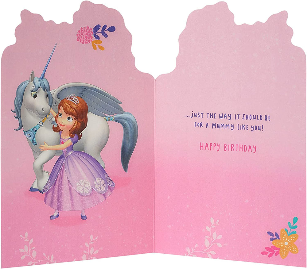 UK Greetings Sofia the First birthday card for Mummy, colorful greeting card featuring Sofia and birthday-themed design.