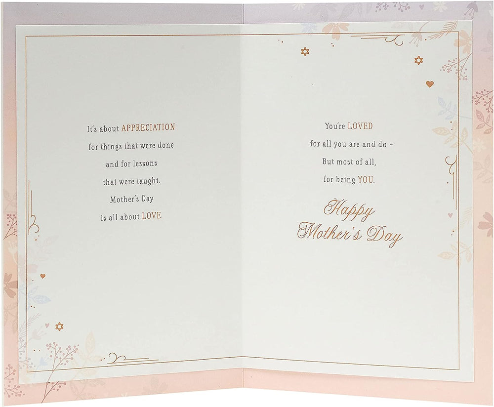 UK Greetings Mother's Day card with soft sentimental design, featuring heartfelt illustrations on a greeting card.