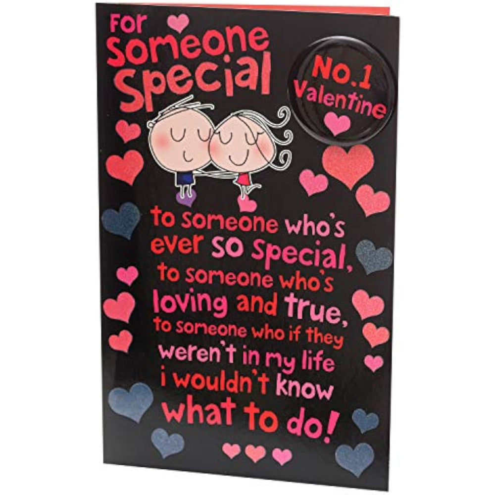UK Greetings Someone Special Valentines Day Card for Him or Her, featuring large text and badge design with envelope.