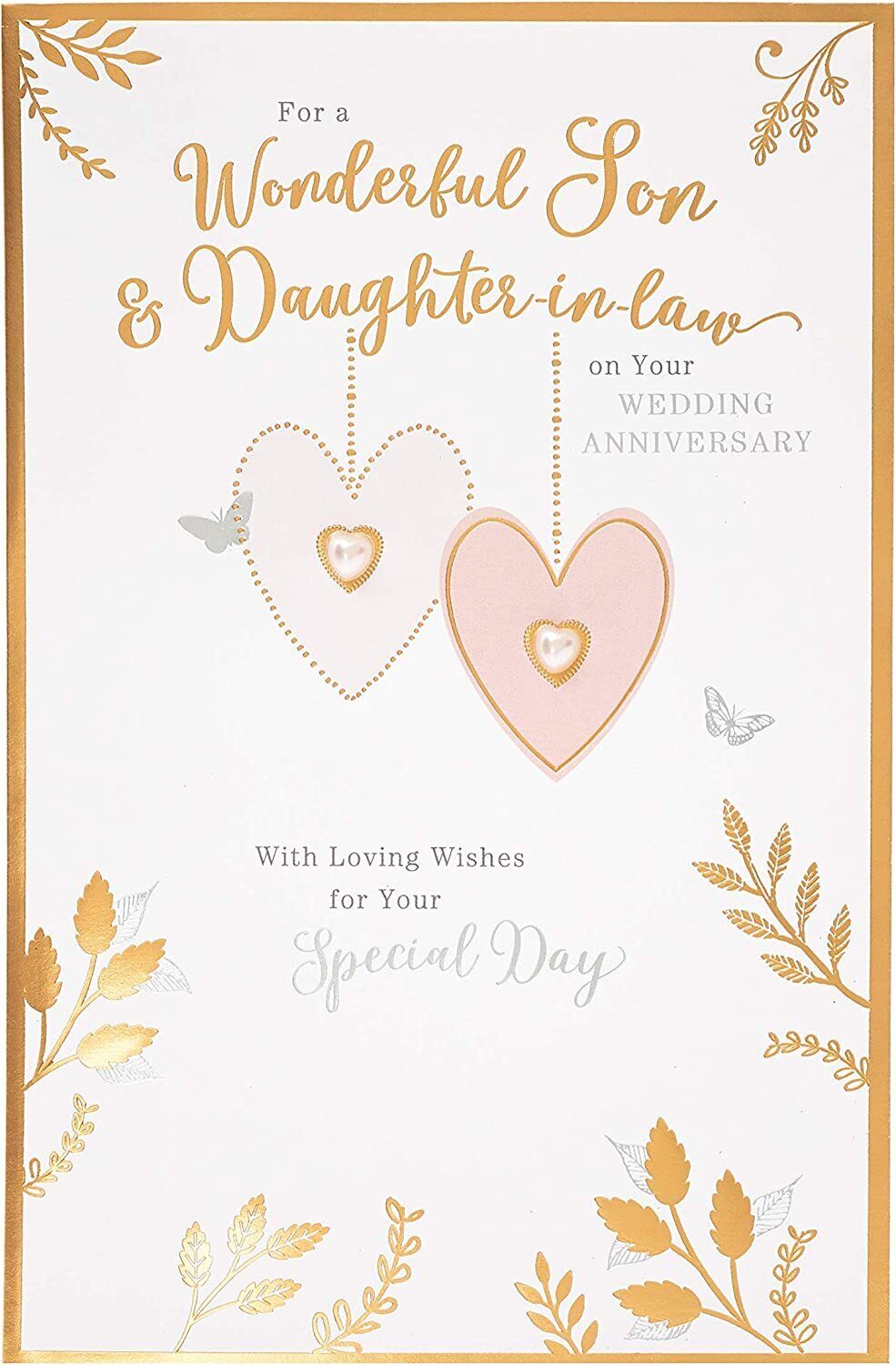 UK Greetings anniversary greeting card for son and daughter-in-law with gold and pearl heart design, traditional style.