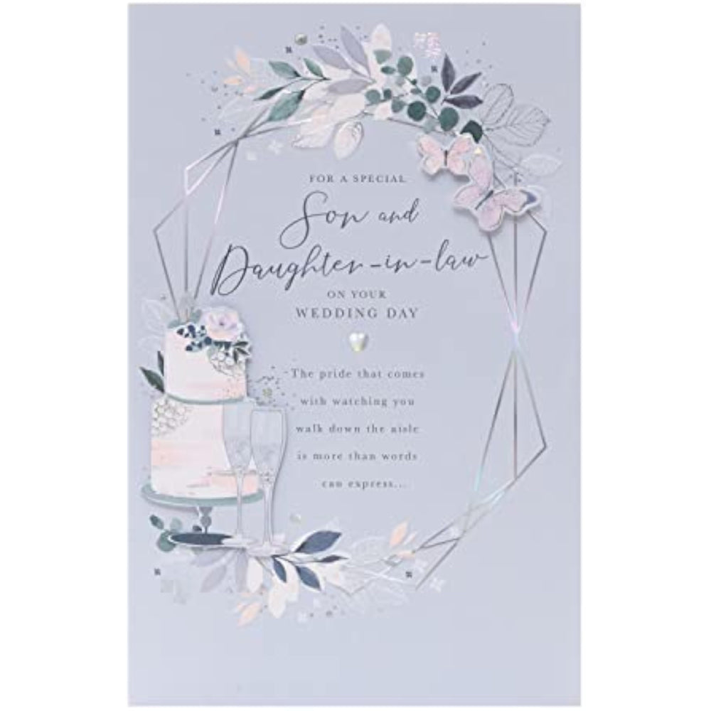 UK Greetings wedding day greeting card for son and daughter-in-law, featuring elegant floral design and heartfelt message.