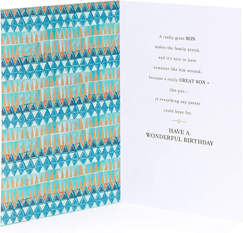 UK Greetings son birthday card with heartfelt words, featuring cheerful design and colorful illustrations for celebrating a special occasion.