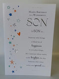 UK Greetings son's birthday greeting card with sentimental verse, featuring colorful design and heartfelt message for special occasions.