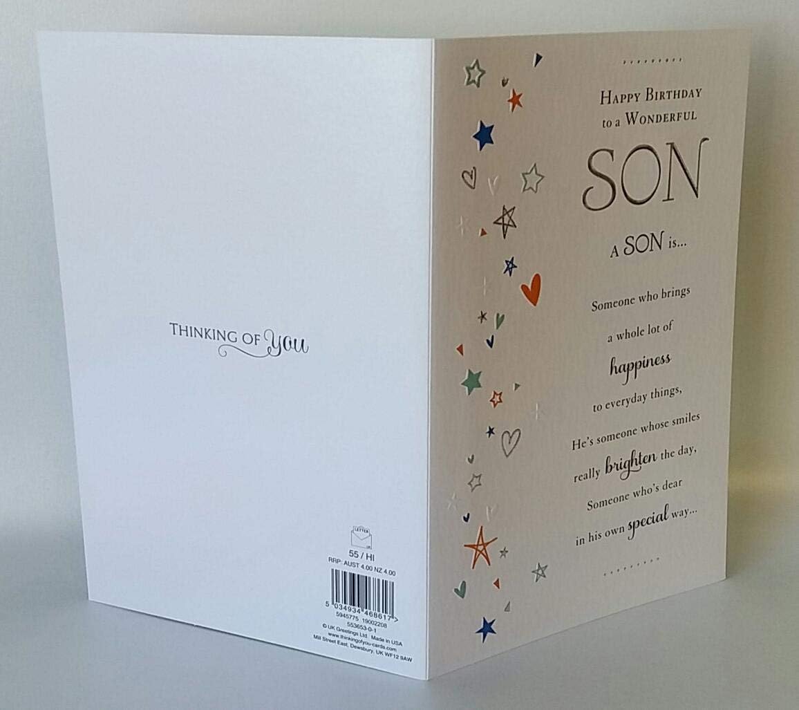 UK Greetings son birthday greeting card with sentimental verse, featuring colorful birthday-themed illustrations.