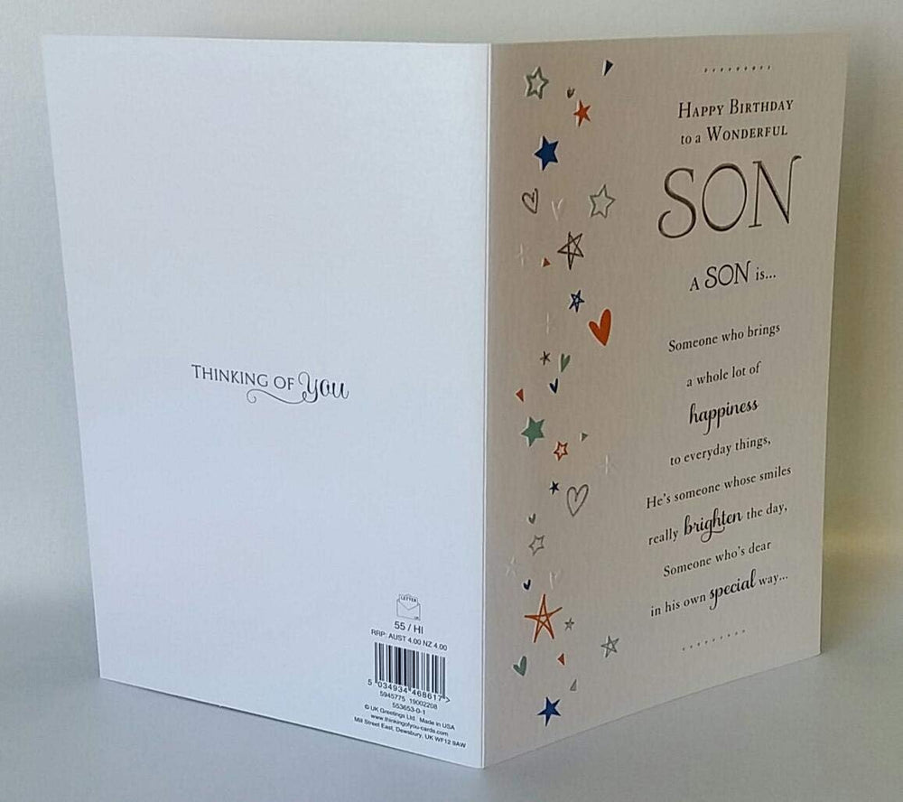 UK Greetings son birthday greeting card with sentimental verse, featuring colorful birthday-themed illustrations.