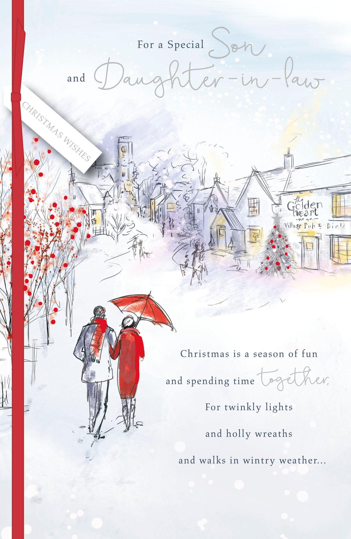 UK Greetings Son and Daughter-in-Law greeting card featuring a couple walking to a village pub, perfect for special occasions.