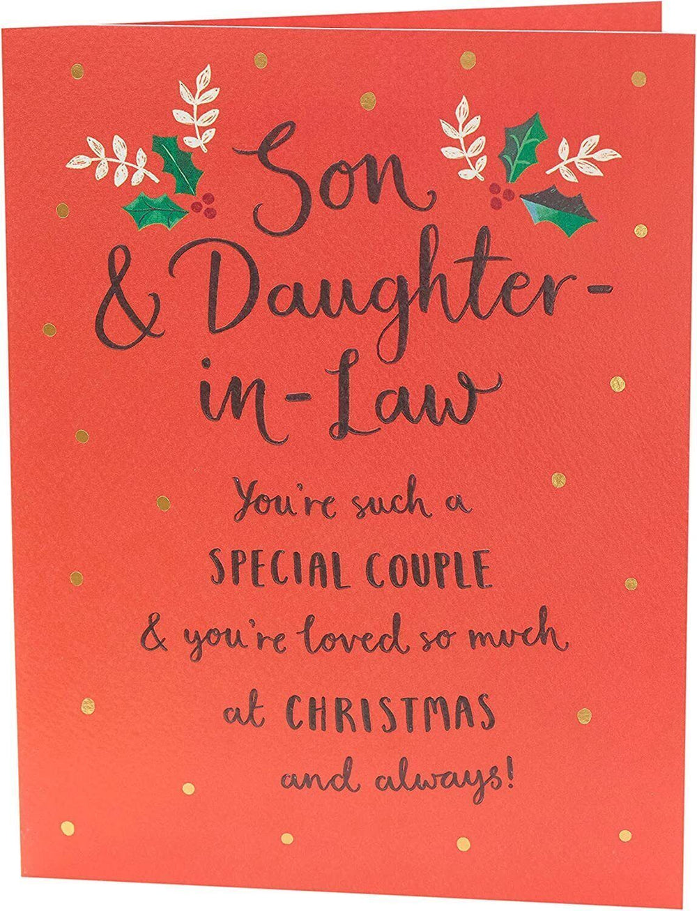 UK Greetings Christmas greeting card featuring typography design for son and daughter-in-law, festive holiday greeting card.