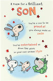 UK Greetings son's funny birthday card featuring a humorous poem and colorful design, perfect for celebrating with a smile.