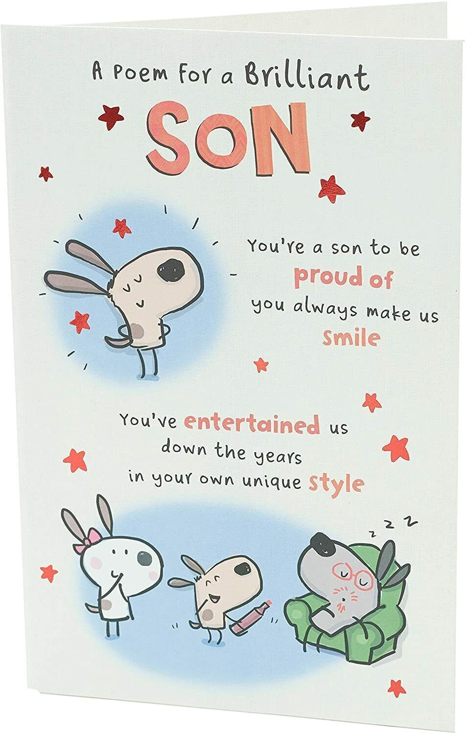 UK Greetings funny birthday card for son featuring a humorous poem, colorful design, and playful illustrations.