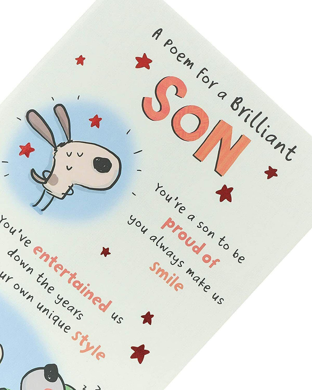 UK Greetings son's funny birthday card featuring humorous poem, colorful design, and cheerful illustration for celebrating a special occasion.