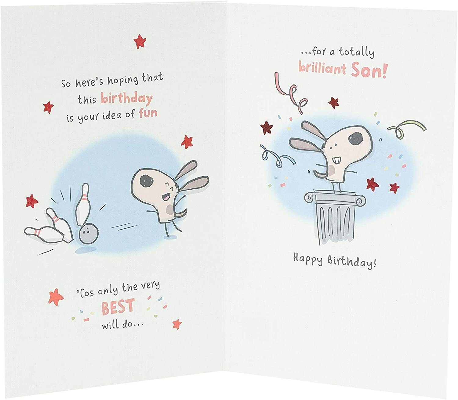 UK Greetings son's funny birthday card with humorous poem, colorful design, perfect for celebrating a special occasion.