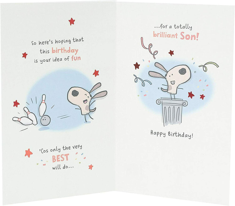 UK Greetings son's funny birthday card with humorous poem, colorful design, perfect for celebrating a special occasion.