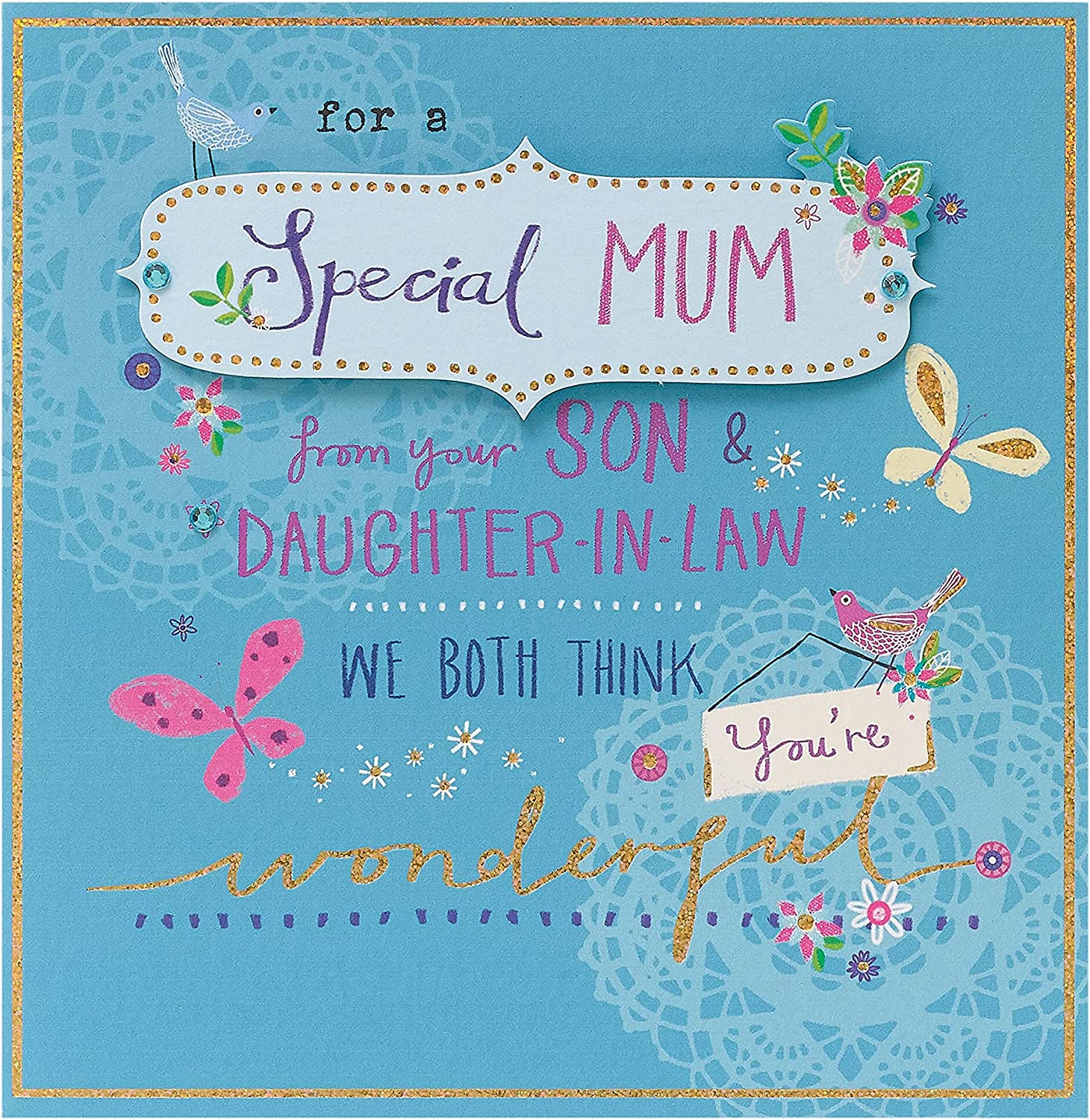 UK Greetings Sparkle Design Son & Daughter-in-Law Mothers Day Card with colorful glitter accents and heartfelt message.