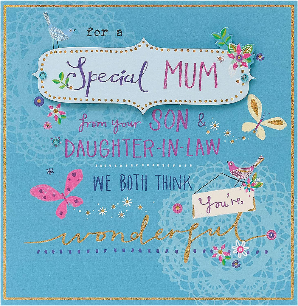 UK Greetings Sparkle Design Son & Daughter-in-Law Mothers Day Card with colorful glitter accents and heartfelt message.