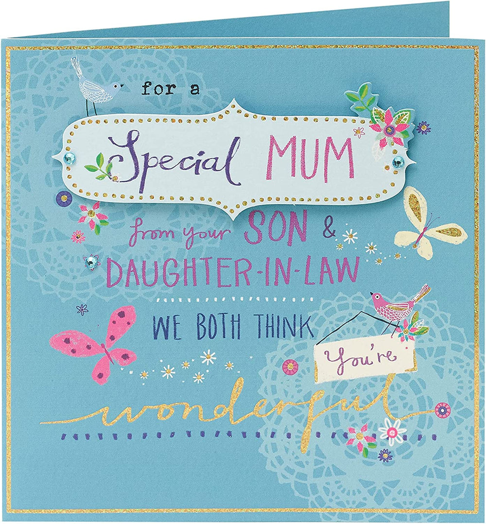 UK Greetings Sparkle Design Son & Daughter-in-Law Mothers Day Card with colorful sparkle details and heartfelt message.