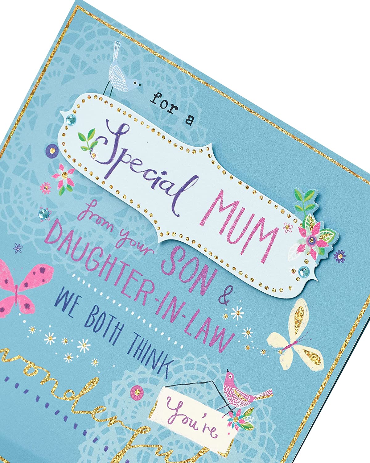 UK Greetings Sparkle Design Son & Daughter-in-Law Mothers Day Card showing colorful sparkles and heartfelt message for special family members.