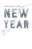 UK Greetings Sparkling Stars New Year Card featuring a classic design with shimmering star accents, perfect for celebrating the New Year.
