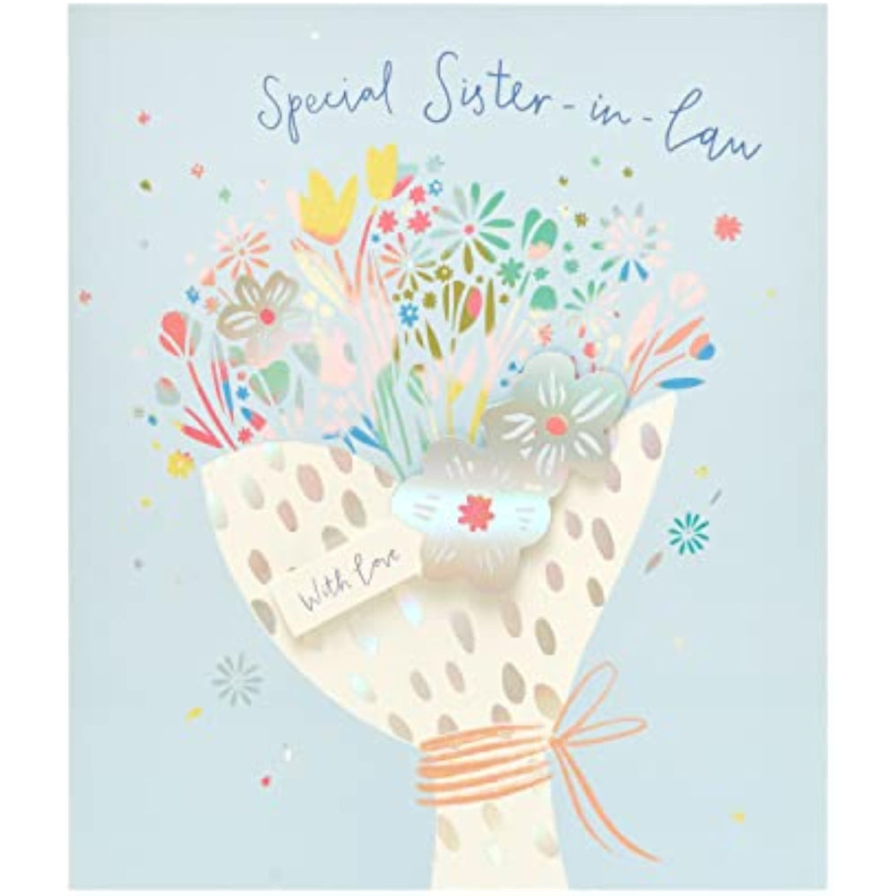 UK Greetings special design Sister-in-Law birthday card featuring colorful artwork and heartfelt message, perfect for celebrating her special day.