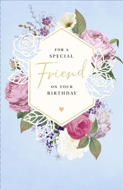 UK Greetings Special Friend floral birthday card with gold foil finish, featuring colorful flower design on the front.
