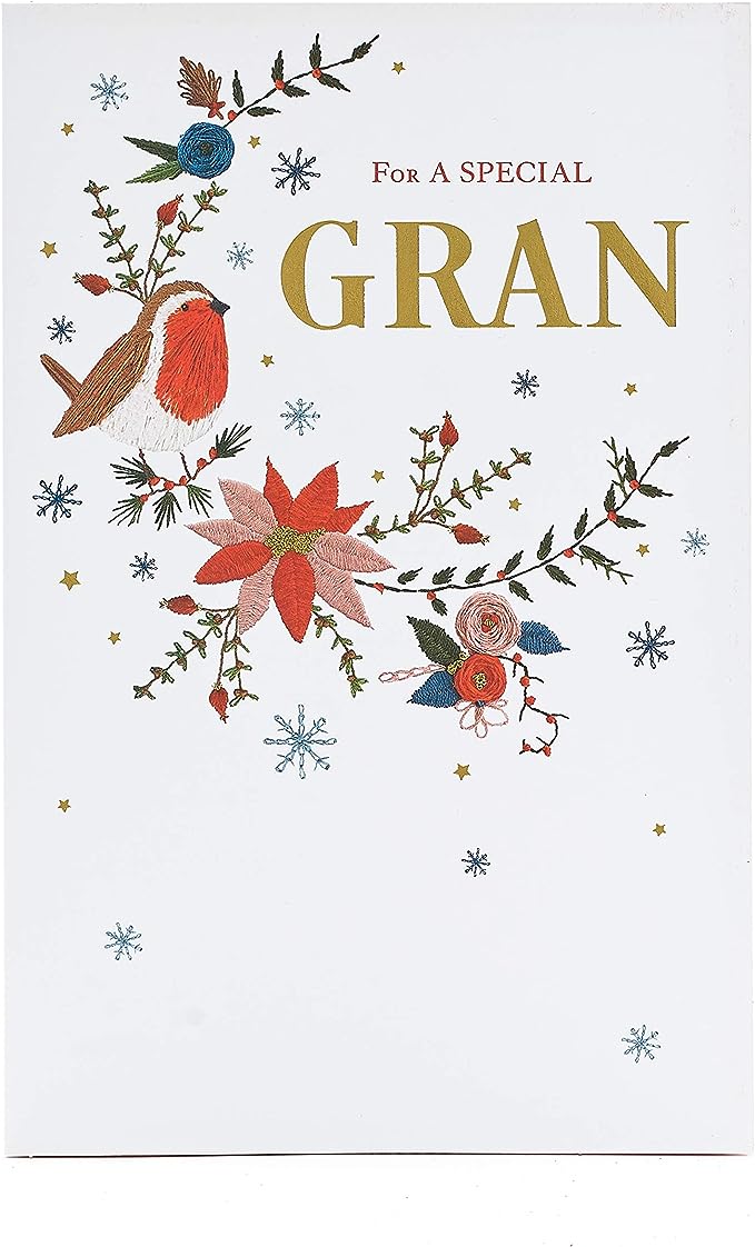 UK Greetings Special Gran floral embroidery Christmas card featuring hand-finished design and festive floral embroidery.