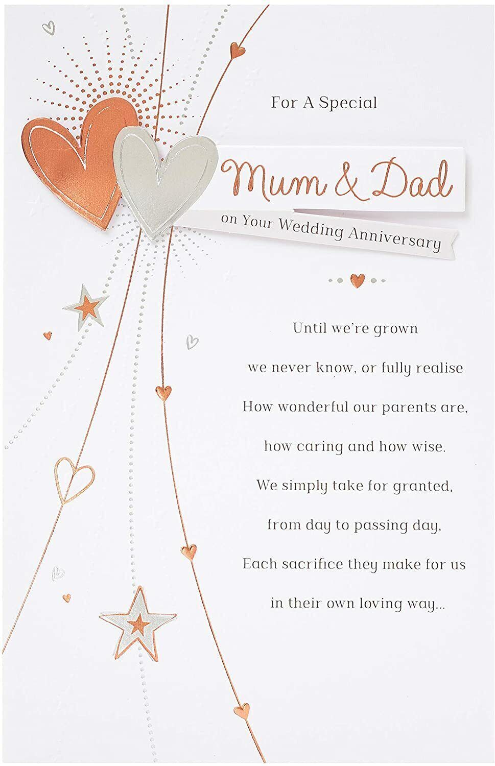 UK Greetings special mum and dad wedding anniversary greeting card with copper foil and 3D hearts, featuring elegant design.