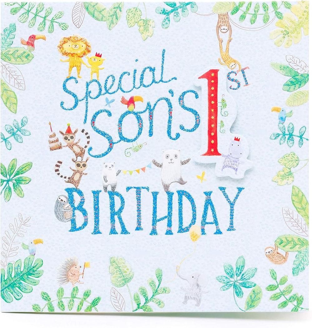UK Greetings Special Son's 1st Birthday greeting card with colorful birthday design and cheerful message for a young boy.