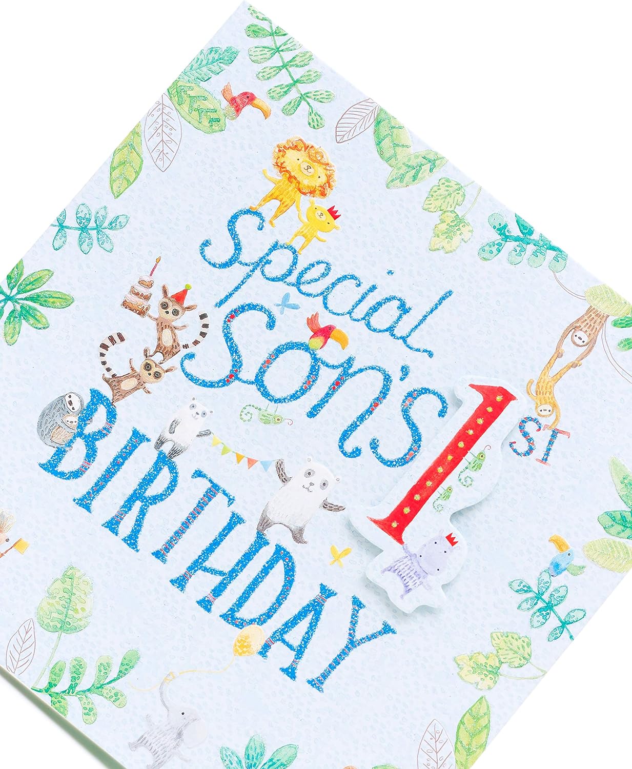 UK Greetings Special Son's 1st Birthday greeting card featuring colorful birthday-themed design and heartfelt message for a young boy.
