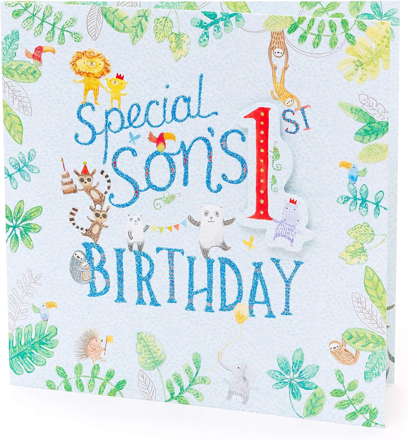 UK Greetings Special Son's 1st Birthday greeting card with colorful birthday design and cheerful message for a young boy.