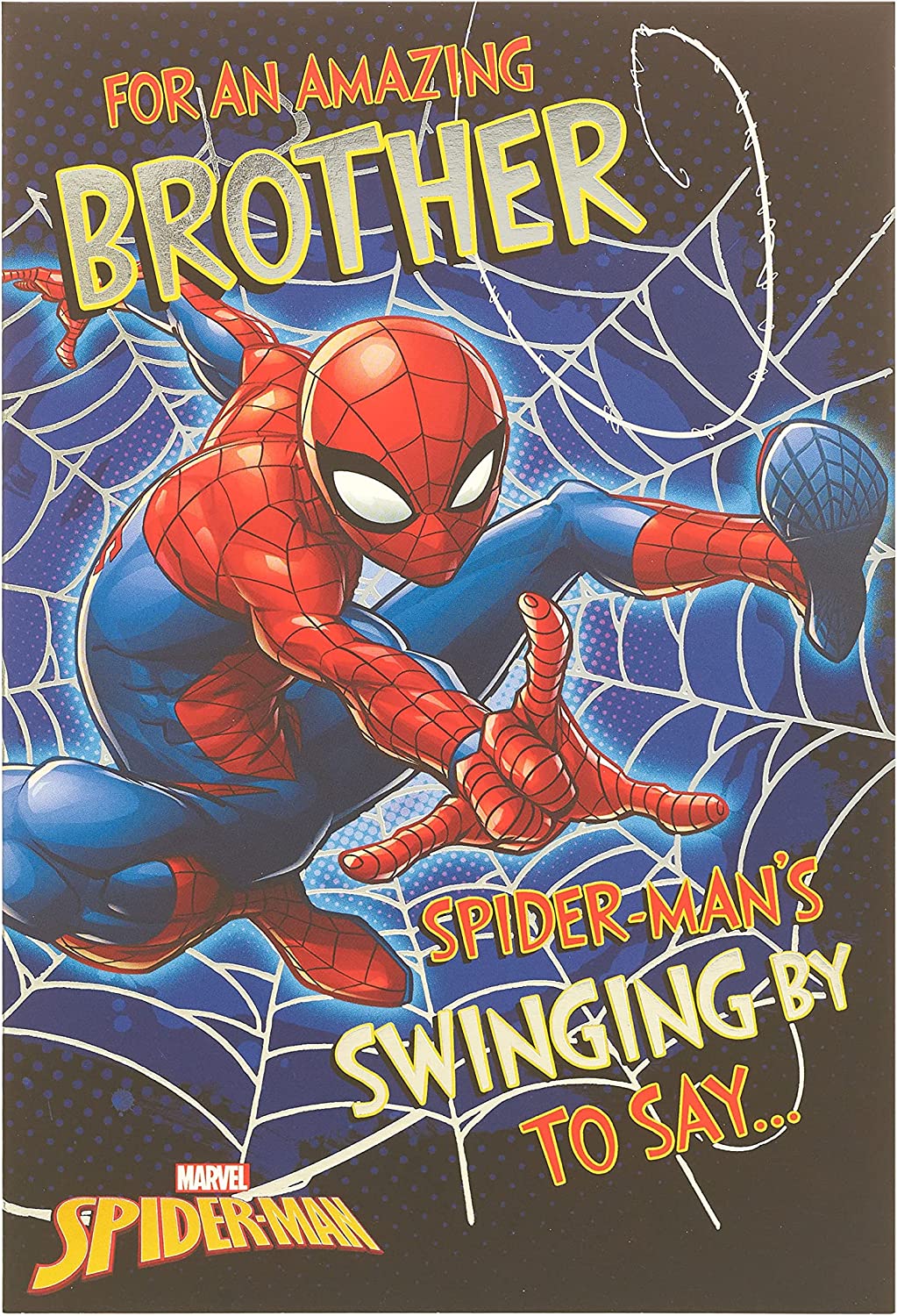 UK Greetings Spider-Man birthday card featuring Spider-Man illustration and vibrant colors for an amazing brother greeting.