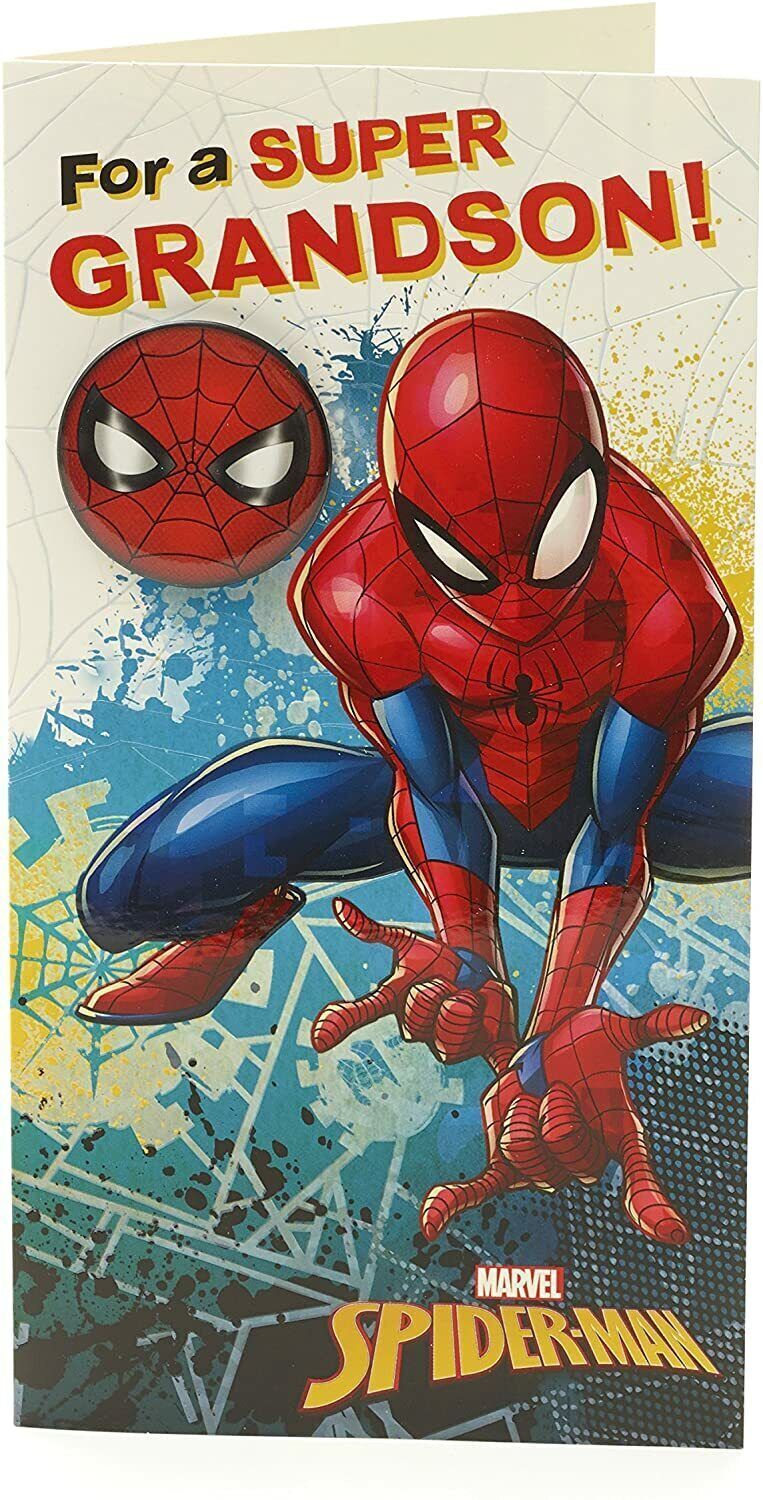 UK Greetings Spiderman birthday card for grandson featuring Spiderman face badge and colorful superhero design.
