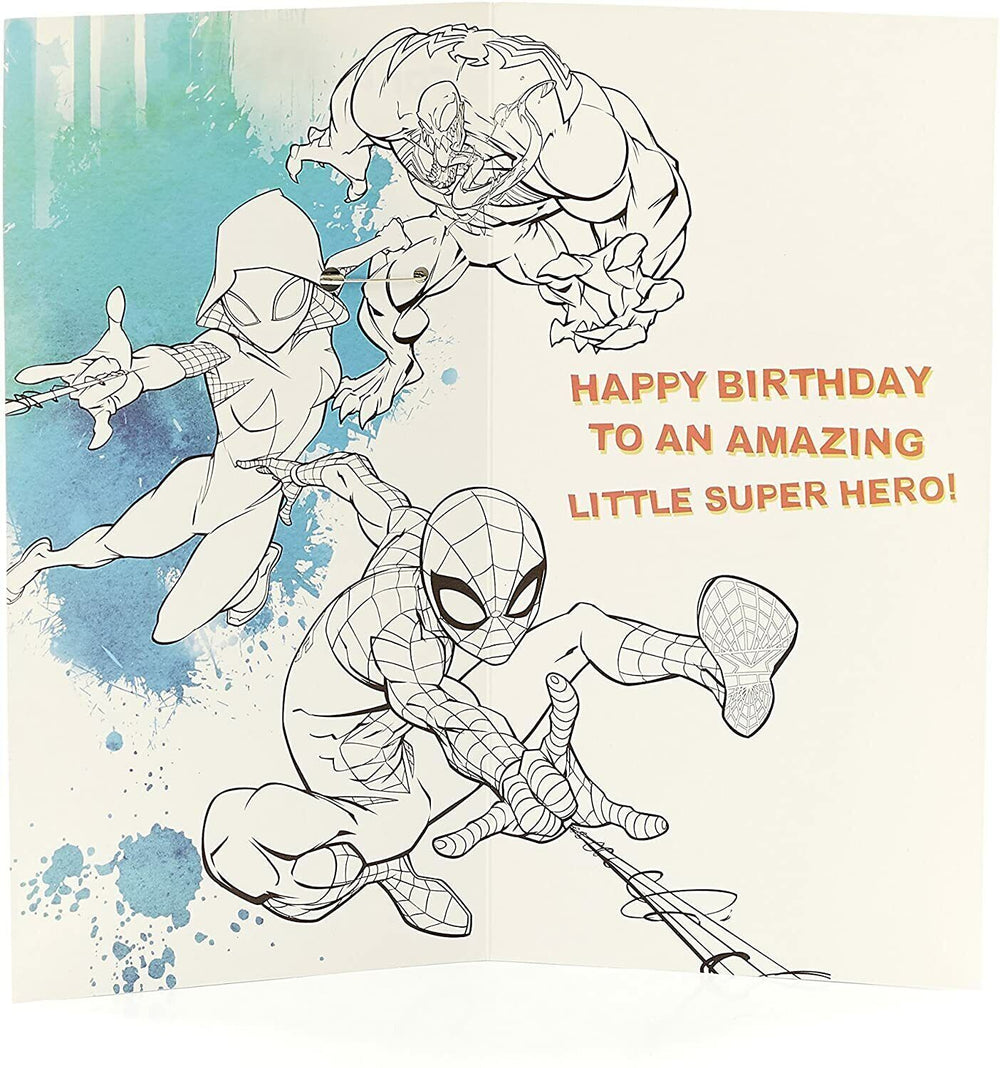 UK Greetings Spiderman birthday card for grandson featuring Spiderman face badge and colorful superhero design.