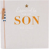 UK Greetings sentimental son birthday card featuring a star attachment with heartfelt message and colorful design.