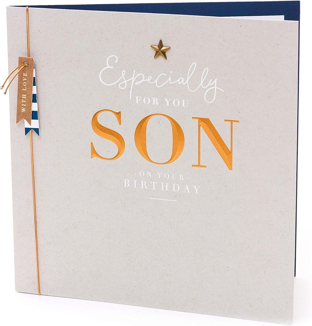 UK Greetings sentimental son birthday card featuring a star attachment, designed for heartfelt birthday wishes.