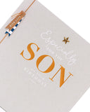 UK Greetings sentimental son birthday card featuring a star attachment with heartfelt message and colorful design.