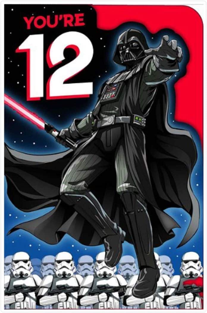 UK Greetings Star Wars 12th birthday card featuring iconic Star Wars characters on a colorful greeting card design.