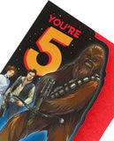 UK Greetings Star Wars 5th birthday card featuring Chewbacca with colorful galaxy background, perfect for young Star Wars fans.