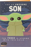 UK Greetings Star Wars Baby Yoda Son birthday greeting card featuring Baby Yoda in a playful pose for special occasions.