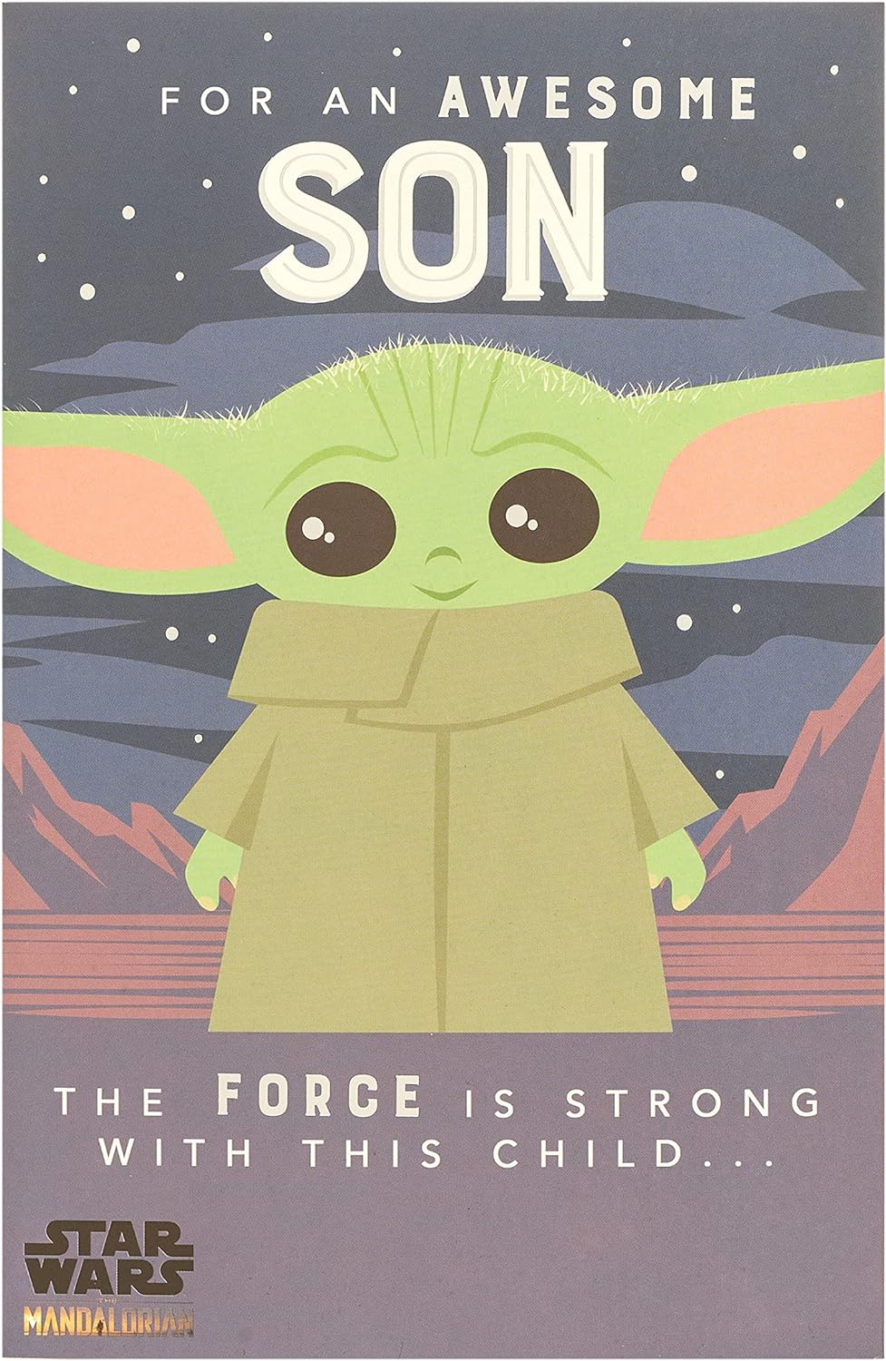 UK Greetings Star Wars Baby Yoda birthday card featuring Baby Yoda design for son, perfect for Star Wars fans celebrating birthdays.