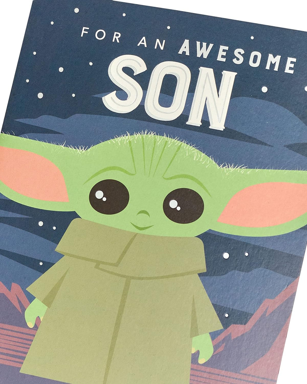 UK Greetings Star Wars Baby Yoda Son birthday greeting card featuring Baby Yoda from Star Wars for a special occasion.