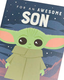 UK Greetings Star Wars Baby Yoda Son birthday greeting card featuring Baby Yoda from Star Wars for a special occasion.