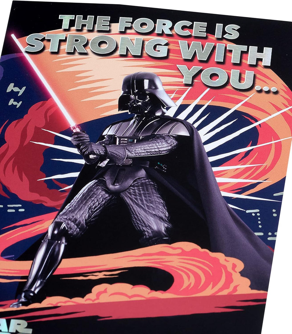 UK Greetings Star Wars Darth Vader birthday card for him or boy, featuring Darth Vader in a space-themed design.