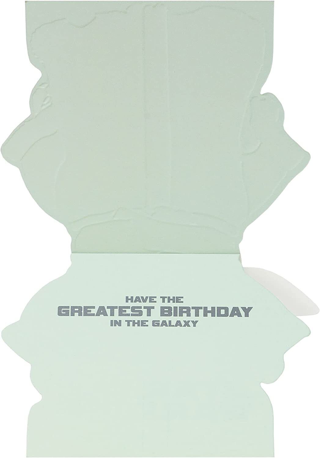 UK Greetings Star Wars Mandalorian birthday card featuring characters and space-themed design for fans of the popular series.