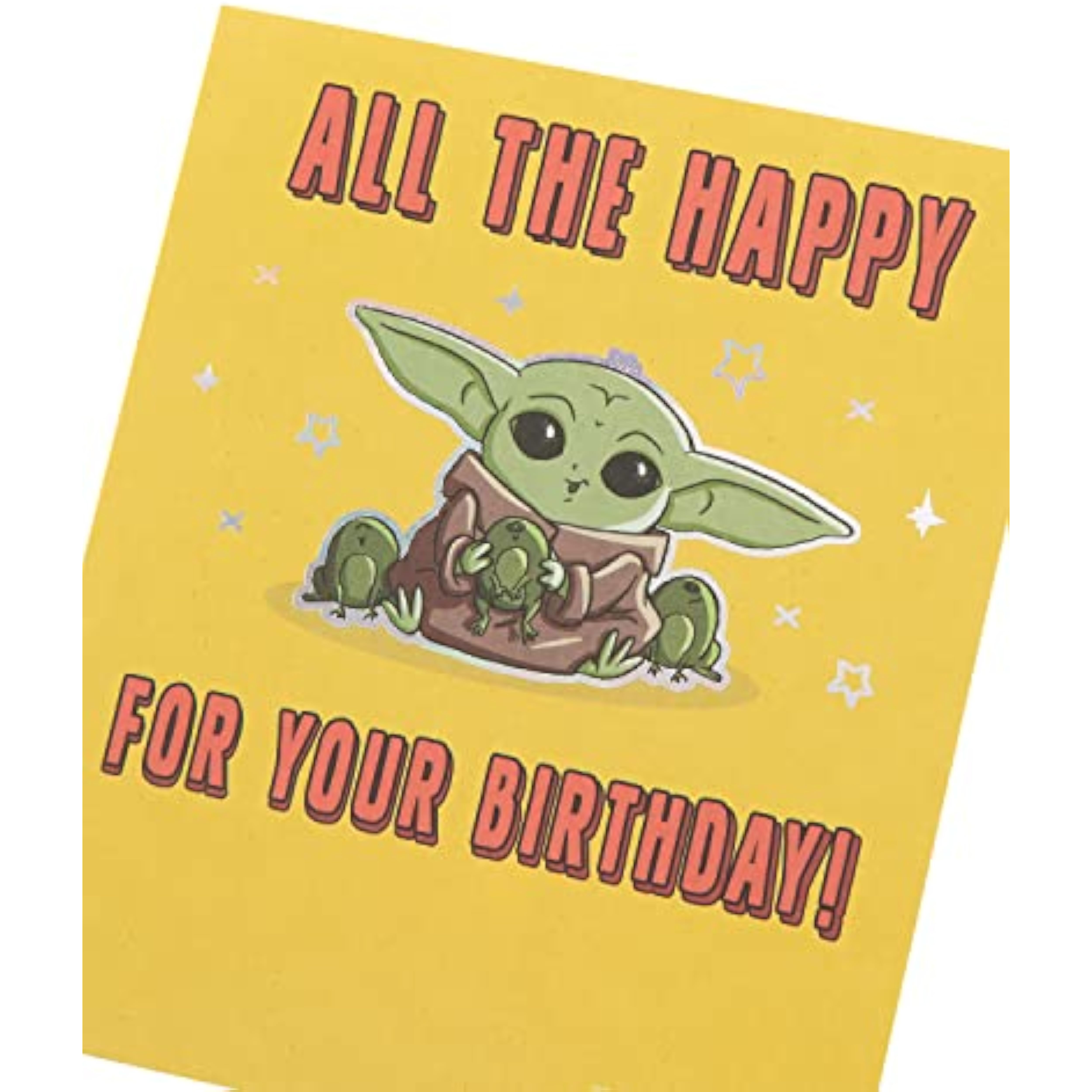 UK Greetings Star Wars Mandalorian Grogu birthday card featuring Grogu with a festive background and space-themed design.