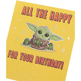 UK Greetings Star Wars Mandalorian Grogu birthday card featuring Grogu with a festive background and space-themed design.