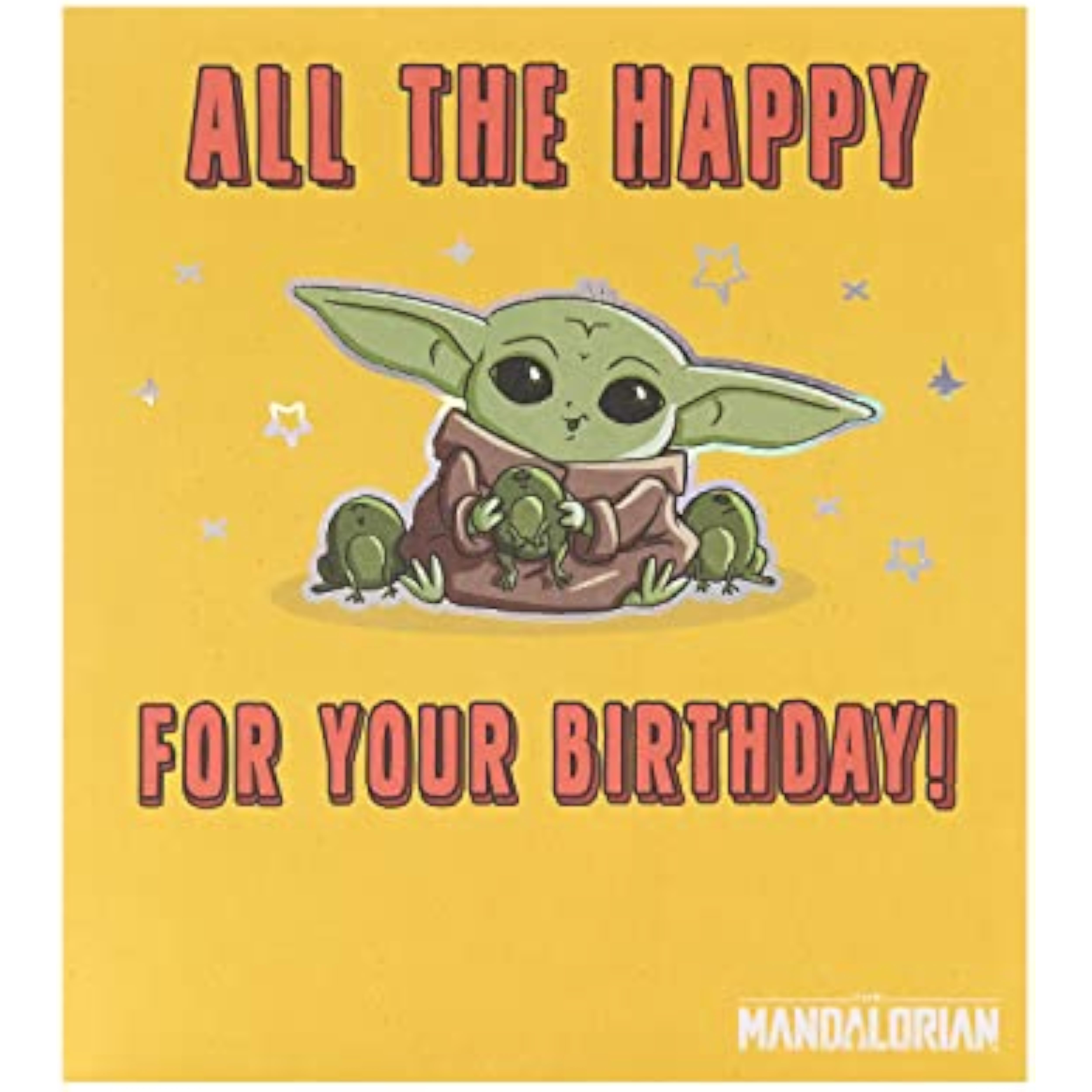 UK Greetings Star Wars Mandalorian Grogu birthday card featuring Grogu (Baby Yoda) with a festive design and space-themed background.
