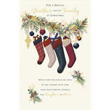 UK Greetings Christmas card featuring stockings image, designed for family and brother holiday greetings, with festive holiday theme.