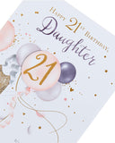 UK Greetings stunning 21st birthday card for daughter, featuring colorful birthday-themed design and elegant lettering.
