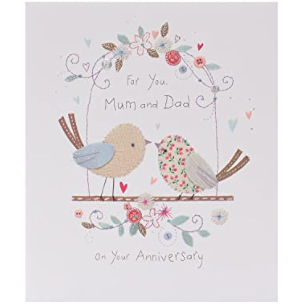 UK Greetings stunning Mum and Dad anniversary greeting card with floral design and heartfelt message, perfect for celebrating special occasions.