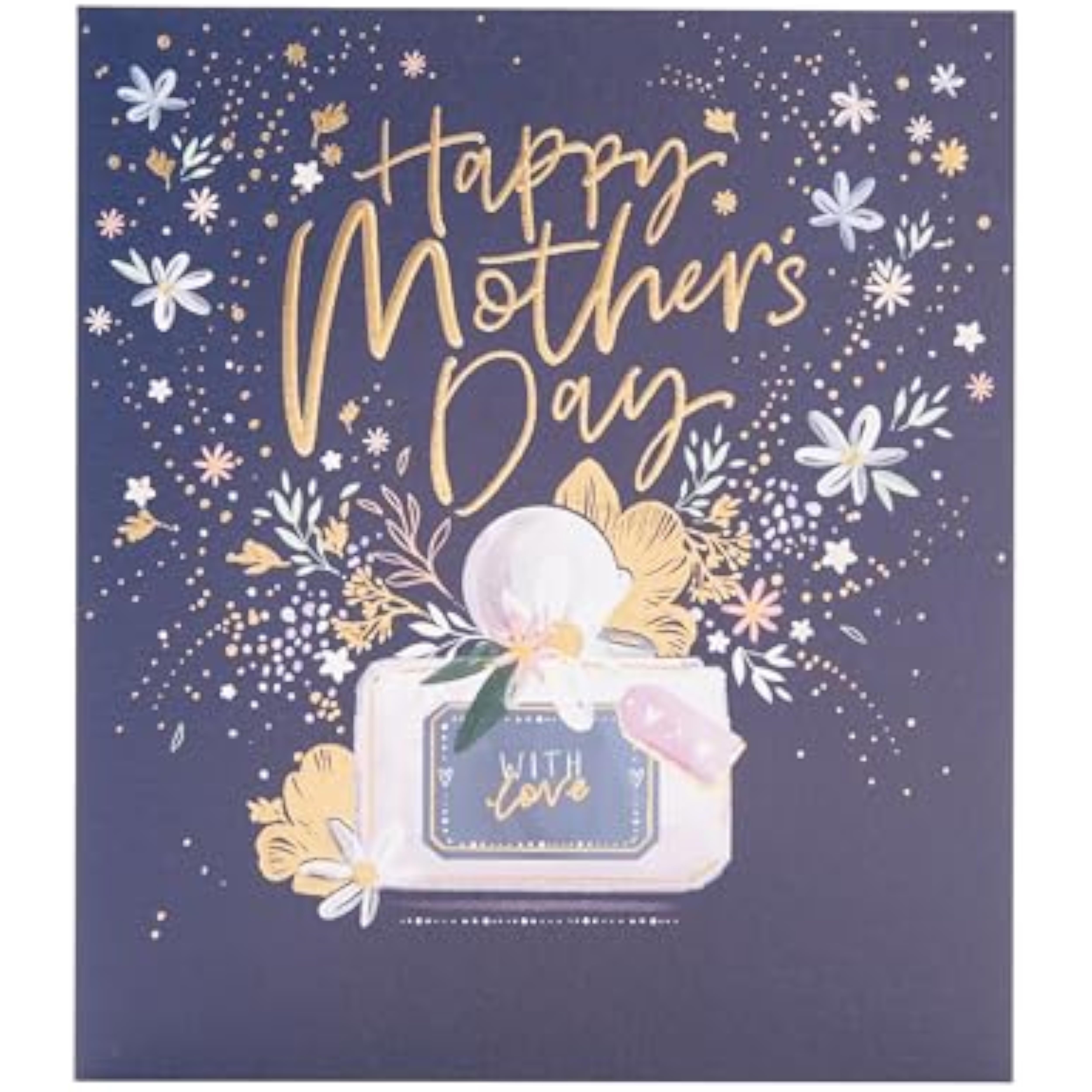 UK Greetings Mothers Day card featuring a stunning perfume design with elegant floral accents and delicate typography.
