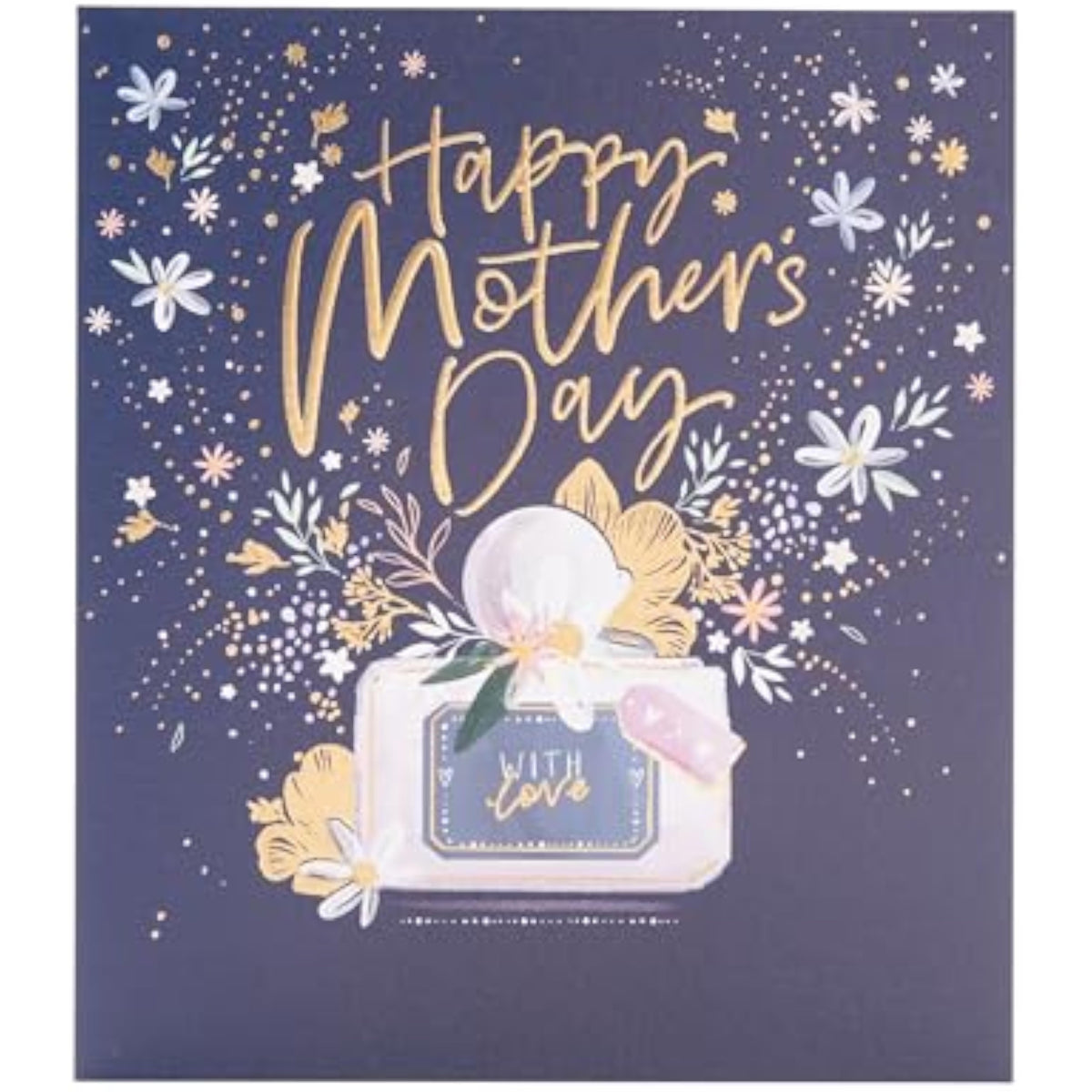 UK Greetings Mothers Day card featuring a stunning perfume design with elegant floral accents and delicate typography.